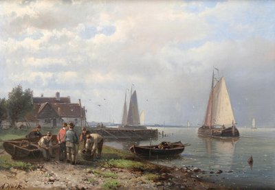 Coastal Scene with Fishing Boats and Fishermen on the Shore by Abraham Hulk